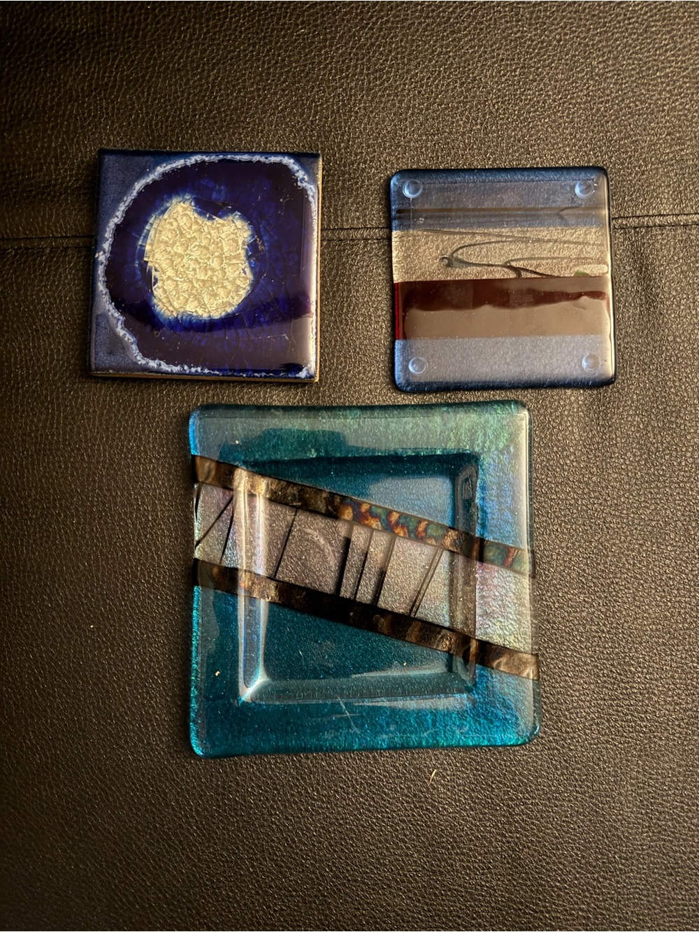 Handmade Blue & Teal Fused Glass Home Art Set. 3 pieces